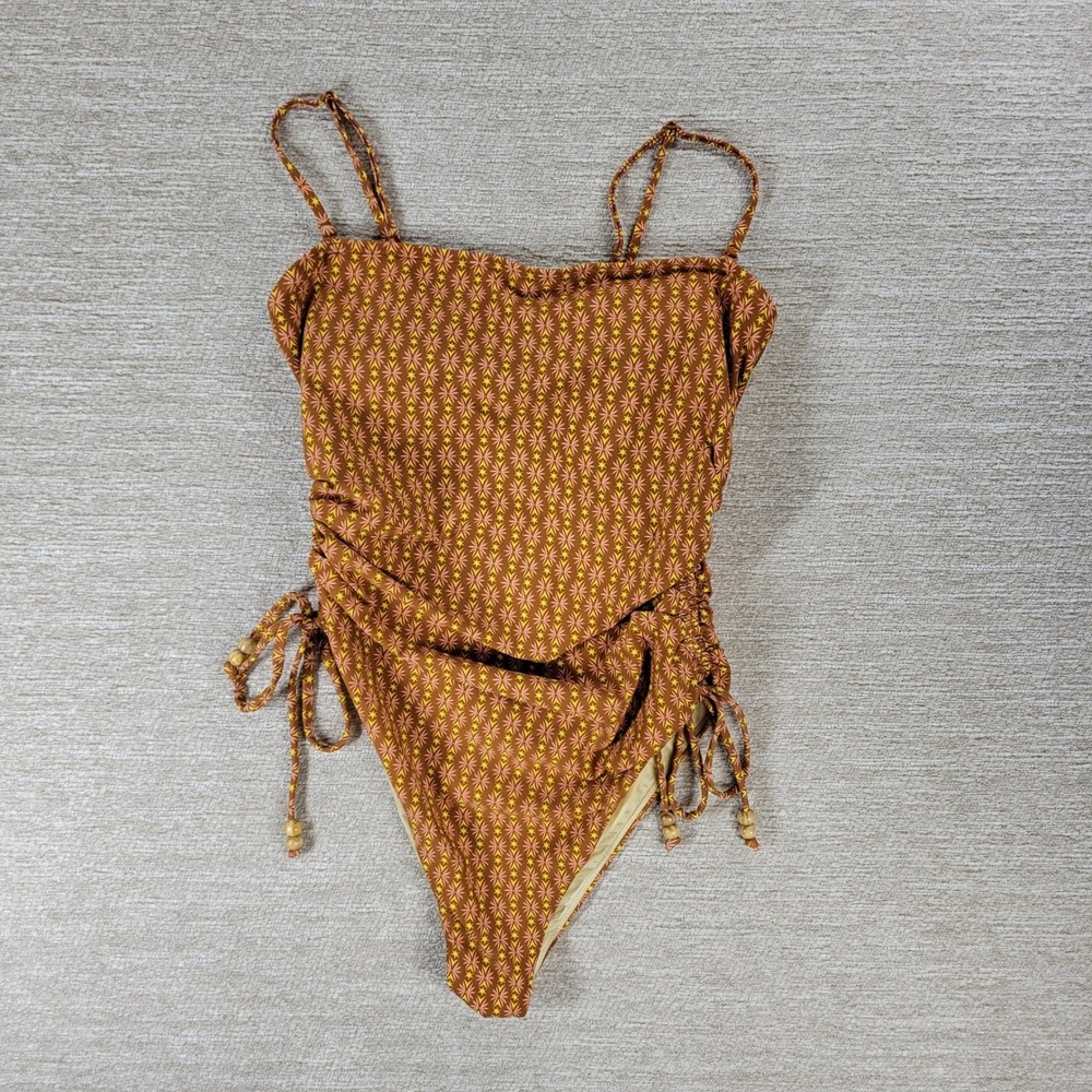 Roxy Ray Of Sunshine One-piece Swimsuit Large Brown Geometric Ruched High Cut - Picture 2 of 13